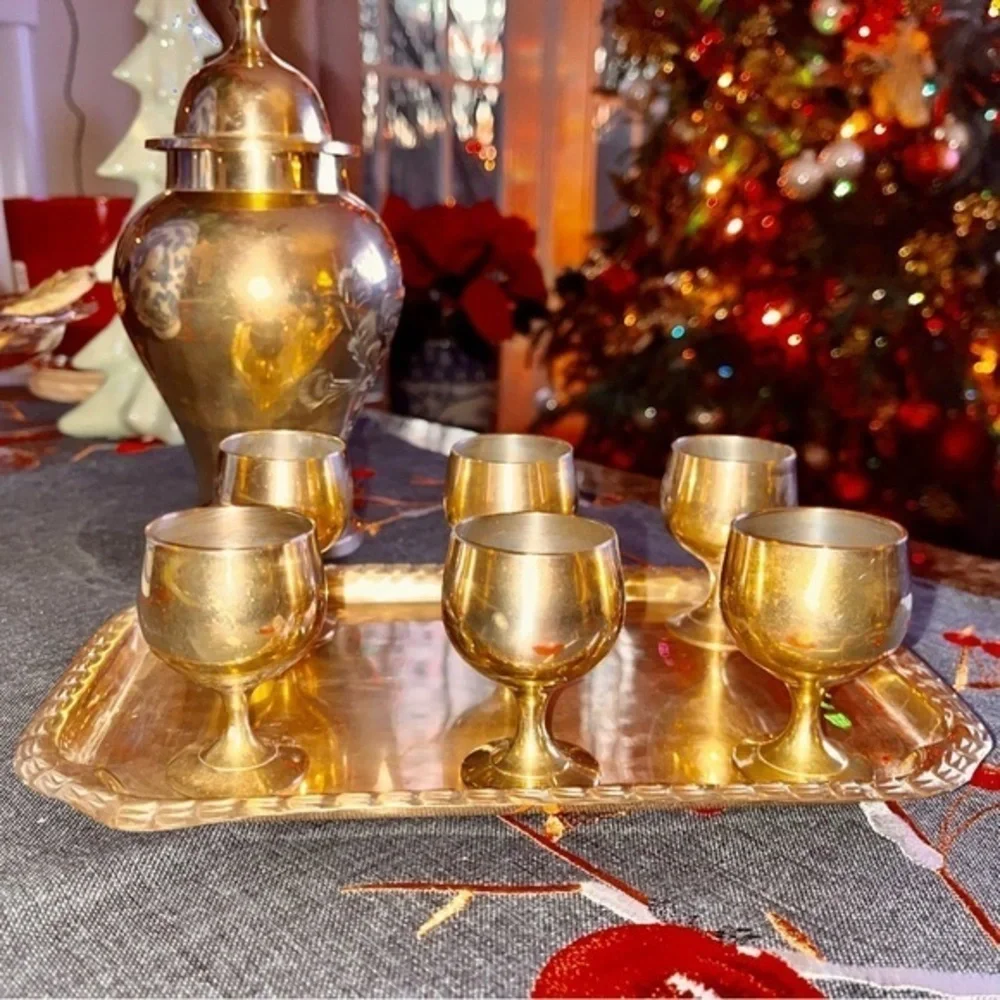Vintage Solid Brass Barware Set 6 Cordial Shot Glass with tray